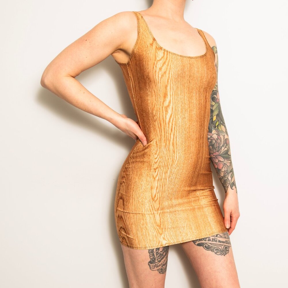 Woodgrain Bodycon 70s Retro Mini Dress